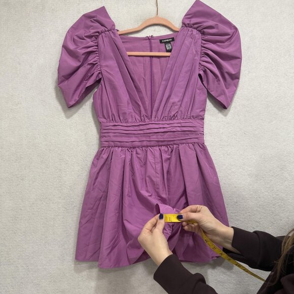 Express Romper Womens 2 Purple Puff Sleeve V Neck Mini Dress Conscious Edit - Picture 5 of 10